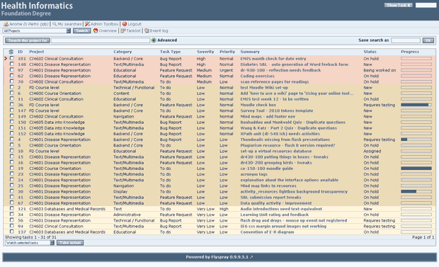A screenshot of a course development bug tracker