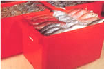 A fish box  contains ice and is used for storing fish 